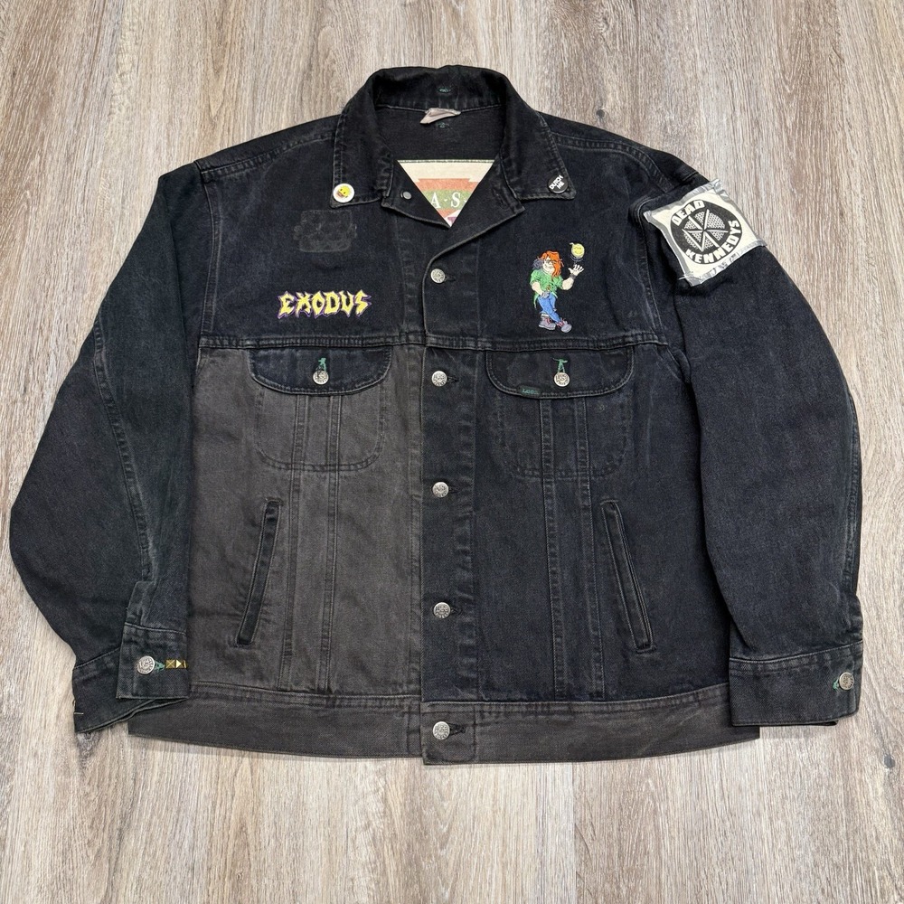 EXODUS Band Battle Jacket Mens XXL/50" Black Denim Trucker Patches 90s Rock